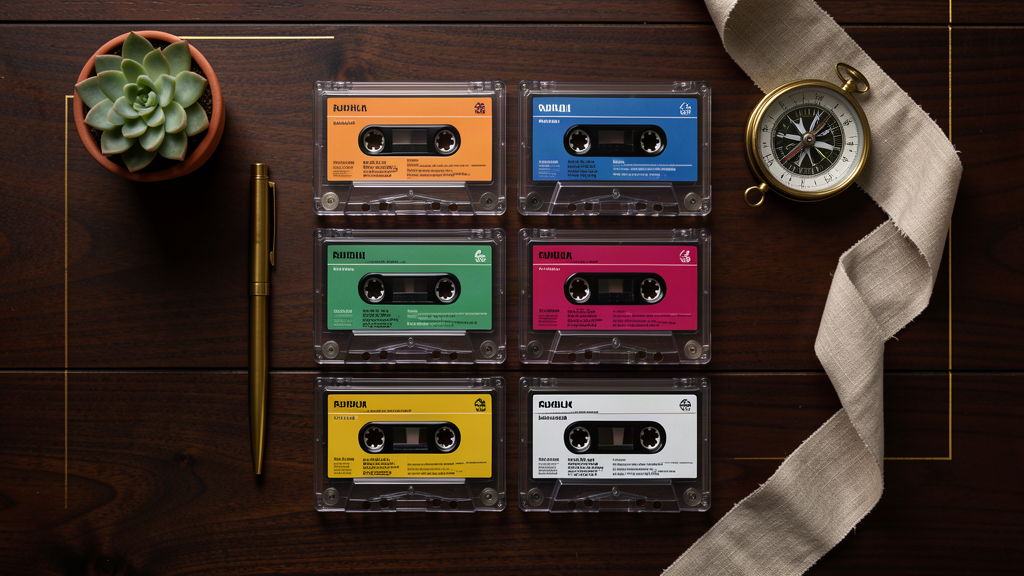 Catalog editorial flat-lay of limited cassette editions